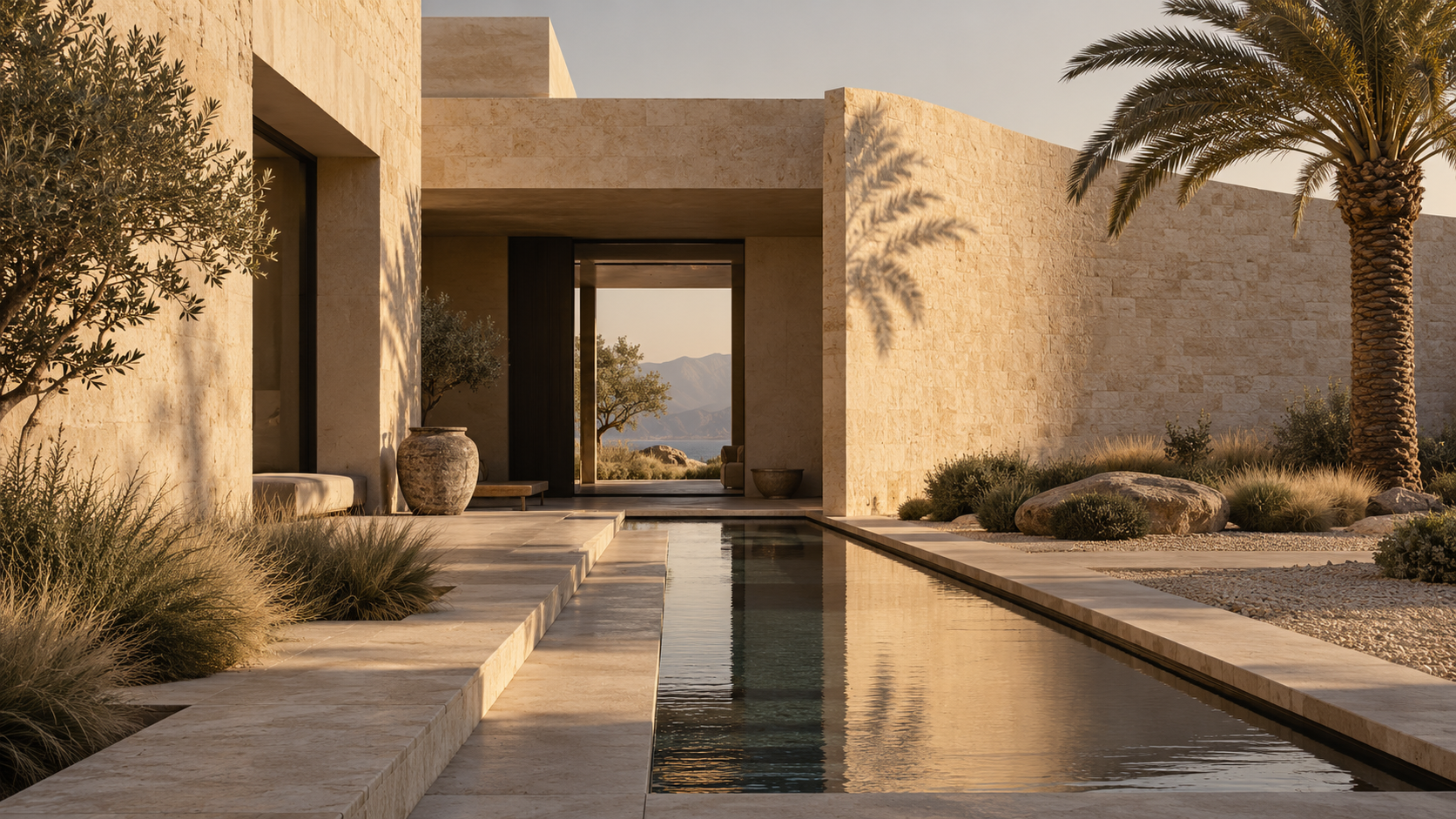 Illustrative architectural concept: a sunlit limestone courtyard with sculptural walls, water and a palm tree.
